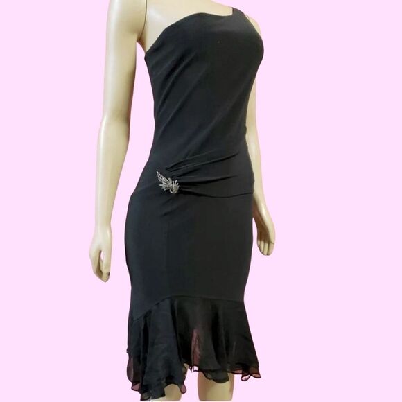 Laundry by shelli segal LBD one shoulder gathered black dress size 6 new vintage - Picture 1 of 6